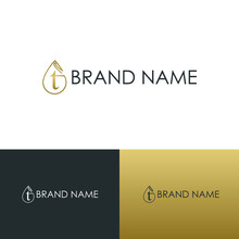 Elegant Luxury Initial T Letter For Cosmetic, Make Up, Hotel, Boutique Business Logo Concept With Golden Line Art Liquid Or Water Drop Icon