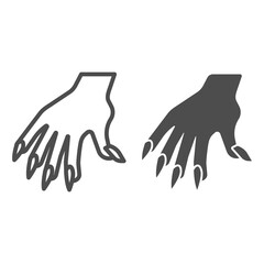 Poster - Hand with long nails line and solid icon, halloween concept, witch fingers sign on white background, woman arm icon in outline style for mobile concept and web design. Vector graphics.