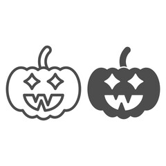 Poster - Halloween pumpkin line and solid icon, halloween concept, jack lamp sign on white background, pumpkin with face icon in outline style for mobile concept and web design. Vector graphics.