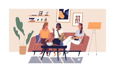 Wall Mural - Happy smiling girlfriends sitting on comfy sofa or couch at cosy home. Three diverse multiethnic women chatting in modern scandinavian living room. Female friendship. Flat vector illustration