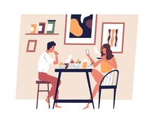 Happy Young Couple Eating Meal Together In Scandinavian Interior. Man And Woman Taking Lunch At Dining Table. People Enjoying Breakfast At Home. Everyday Routine. Flat Vector Illustration