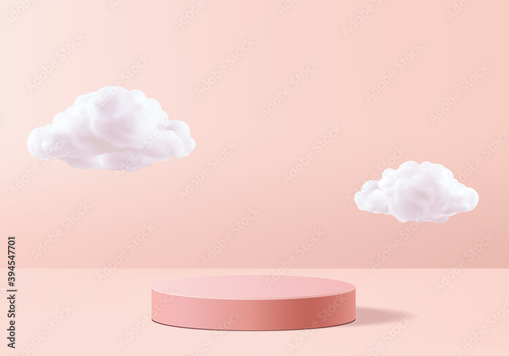 Background vector 3d pink rendering with podium and minimal cloud white scene, minimal cloud abstract background 3d rendering geometric shape pink pastel podium. Stage and cloud 3d render - obrazy, fototapety, plakaty 
