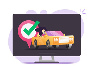 Poster - Vehicle car internet find online via map pin pointer mark on computer screen vector flat cartoon illustration, idea of automobile dealer position, auto location destination application