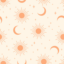 Seamless Pattern With Sun And Moon.  Contemporary  Composition. Boho Wall Decor. Mid Century Art Print. Trendy Texture For Print, Textile, Packaging.