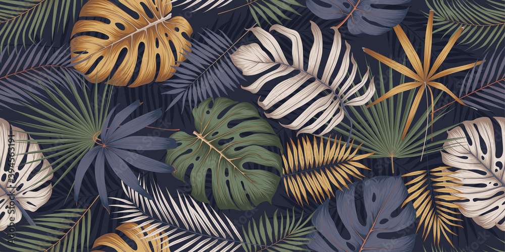 Seamless multicolored pattern with exotic tropical plants, monstera leaves and palm trees, Exotic botany composition in trendy contemporary collage style, vector illustration - obrazy, fototapety, plakaty 