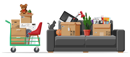 Wall Mural - Moving to new house. Family relocated to new home. Sofa with paper cardboard boxes with various household items. Package for transportation. Barrow, lamp. Vector illustration in flat style