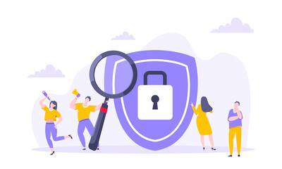 Wall Mural - Privacy policy personal data protection business concept. Safe using interenet on the work metaphor flat style design vector illustration. Tiny people working together and big shield with padlock.