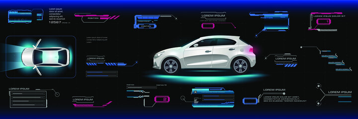 Car user interface HUD, GUI, UI. Road navigation. Unmanned vehicle control system. Virtual graphical interface. Vehicle with options and settings. Vector car