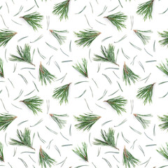 Wall Mural - Pine branches and pine needles isolated on white background, seamless pattern. Christmas and New Year background.