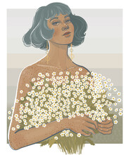 Young Girl With Freckles And A Bob Hairstyle Holds A Huge Bouquet Of Daisies In Her  Hands