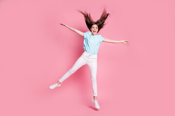 Sticker - Full length photo of amazed girl jump wear good look mood clothes isolated over pink color background