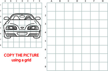 Vector illustration of grid copy puzzle with happy cartoon character for children