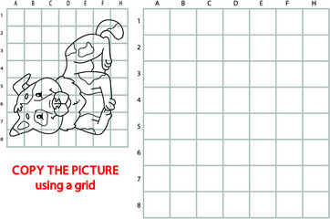 Vector illustration of grid copy puzzle with happy cartoon character for children