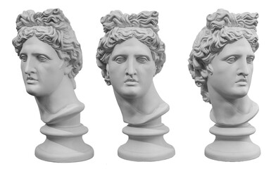 white gypsum copy of ancient statue of apollo god of sun head isolated on a white background. plaste