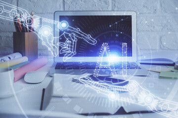 multi exposure of desktop computer and technology theme hologram. concept of software development.