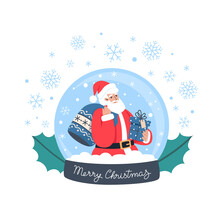 Snow Globe With Santa Claus, Gifts And Snowflakes, Vector Illustration In Flat Style