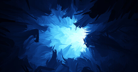 Wall Mural - Abstract Blue Tunnel Shape. Flame Shapes Around. Digital Motion Graphics. 3D Illustration Render