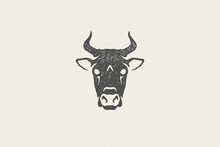 Black Cow Head Silhouette With Horns Designed For Meat Industry Hand Drawn Stamp Effect Vector Illustration.