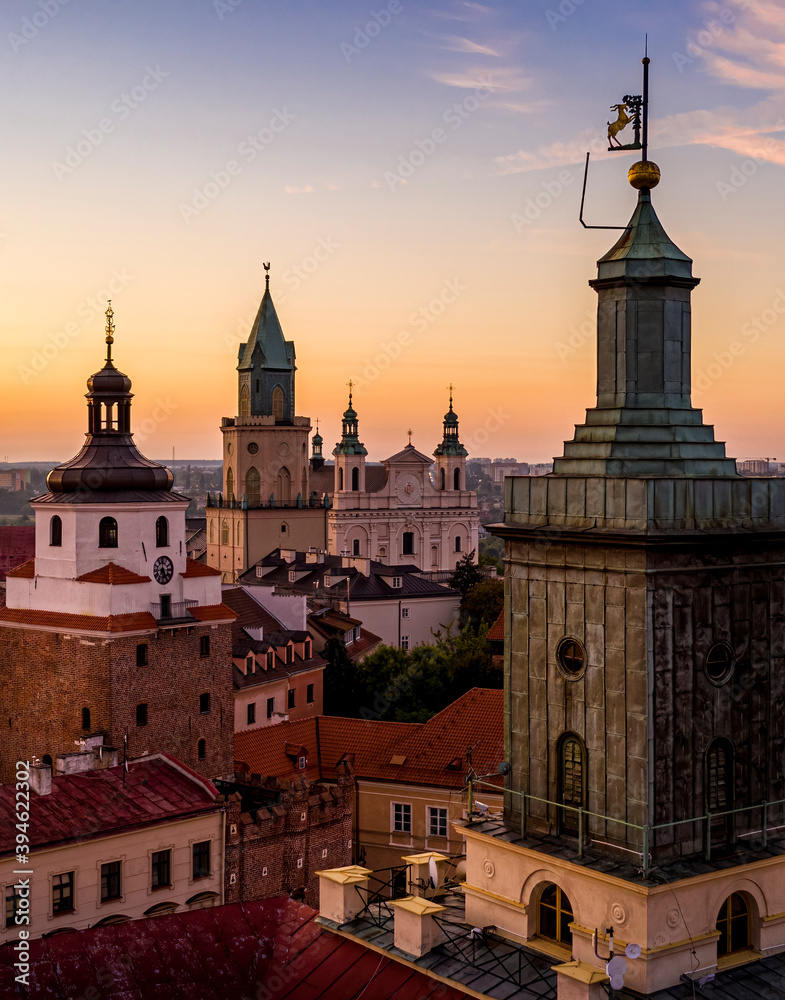 Aerial view of dawn over towers in Old Town in Lublin, Poland - obrazy, fototapety, plakaty 