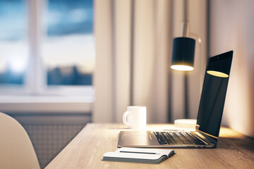 Poster - Modern home office interior with lamp and laptop