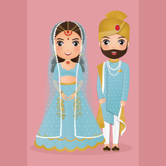 Cute couple in traditional indian dress cartoon character.Romantic wedding invitation card