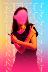 Pointing at sides. Beauty and fashion concept, trendy neoned poster with beautiful caucasian woman. Colorful neon light and gradient background. Modern design. Contemporary art collage.