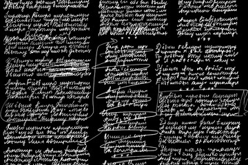 Leinwandbilder - Texture of unreadable text with corrections on a black background. Poems, illegibly written, on a black background with corrections.