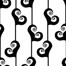 Vector Art Deco Stylized Floral Foliage Black White Seamless Pattern Background. Elegant Monochrome Geometric Backdrop With Tall Swirly Abstract Flowers Or Leaves Decorative 1920s Style All Over Print