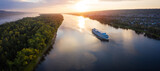 Fototapeta Krajobraz - Panorama of the cruise ship moving on the river of Volga towards Samara city in Russia