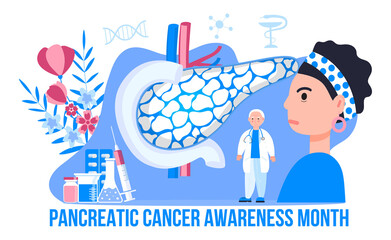 Wall Mural - Pancreatic Cancer Awareness Month is organised on November in USA. Pancreas doctors examine.