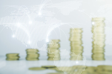 Poster - Double exposure of abstract digital world map hologram with connections on growing stacks of coins background, research and strategy concept