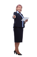 friendly business woman with a digital tablet. isolated on a white