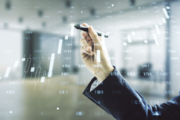 Poster - Double exposure of male hand with pen working with abstract creative statistics data hologram on blurred office background, analytics and forecasting concept