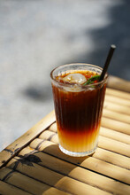 Long Black Coffee Mixed With Lychee On Nature Background. Iced Drink Menu Of Summer Drink For Relaxing Day.