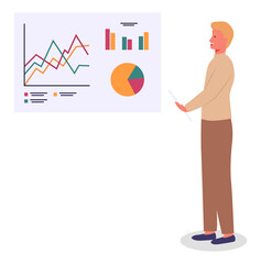 Poster - Blond man stands with documents in his hand, large presentation stand with pie and bar charts, area chart. Office worker, presenter. Communicate and work. Flat vector image isolated on white