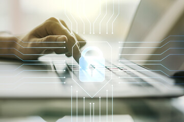 Poster - Creative lock sketch with chip hologram and hands typing on computer keyboard on background, protection of personal data concept. Multiexposure