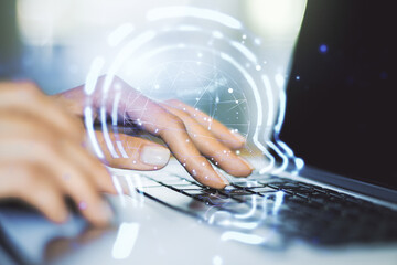 Poster - Creative artificial Intelligence concept with human head hologram and hands typing on laptop on background. Multiexposure