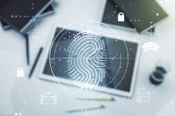Aufkleber - Double exposure of abstract creative fingerprint hologram and digital tablet on background, top view, research and development concept