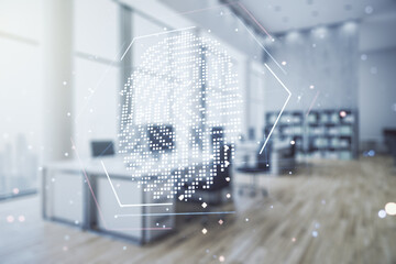 Fototapete - Double exposure of virtual creative fingerprint hologram on a modern furnished office interior background, protection of personal information concept