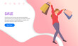 © robu_s - Thirty percent discount announcement. Sale advertisement. Happy woman with shopping bags in her hands. Young beautiful girl picks up multi-colored packages with clothes. Female character shopping