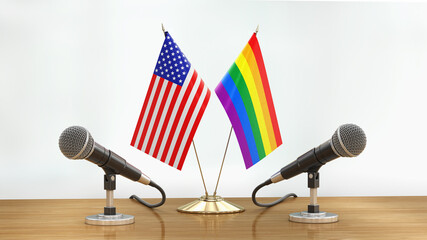 Poster - Microphones and flags pair on a desk over defocused background
