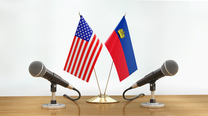 Poster - Microphones and flags pair on a desk over defocused background