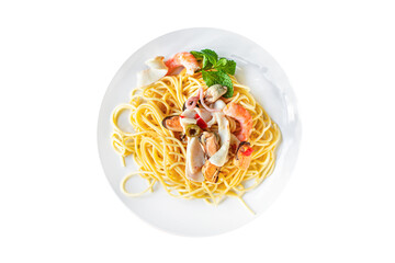 pasta seafood spaghetti shrimp, mussels and more second course healthy meal snack top view copy space for text food background