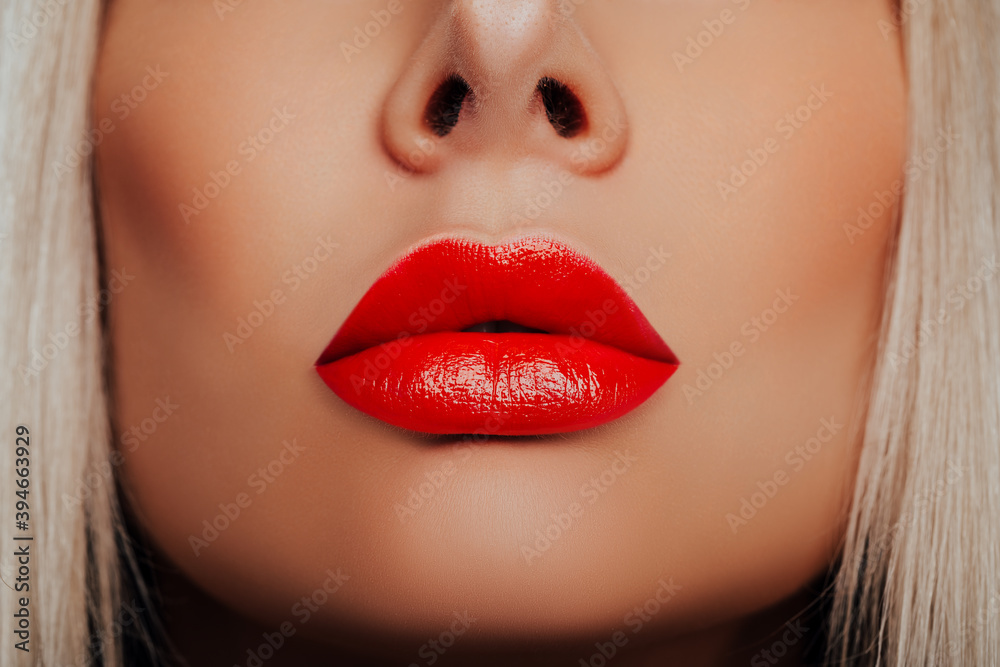 Beauty. Red Lips Close up. Lip Makeup. Beautiful red Lipstick on women s lips Stock Adobe Stock