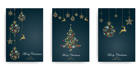 Wall Mural - Pack of greeting cards with Christmas  ball, christmas tree and dear made from gold, red, green snowflakes on dark green background. Holiday pattern. Vector illustratio