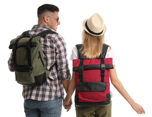 Wall Mural - Couple with backpacks on white background, back view. Summer travel