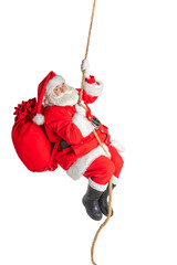 Santa Claus climbs, descends on a rope, on a white background.