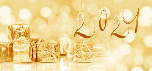 Wall Mural - 2021, new year card, small Christmas gifts in shiny golden paper, bokeh lights background