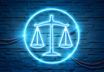 Wall Mural - law scale neon icon illuminating a brick wall with blue and pink glowing light 3d rendering