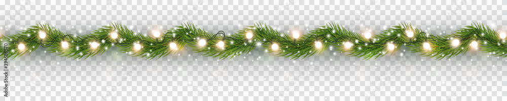 Border with green fir branches, gold lights isolated on transparent background. Pine, xmas evergreen plants seamless banner. Vector Christmas tree garland decoration - obrazy, fototapety, plakaty 